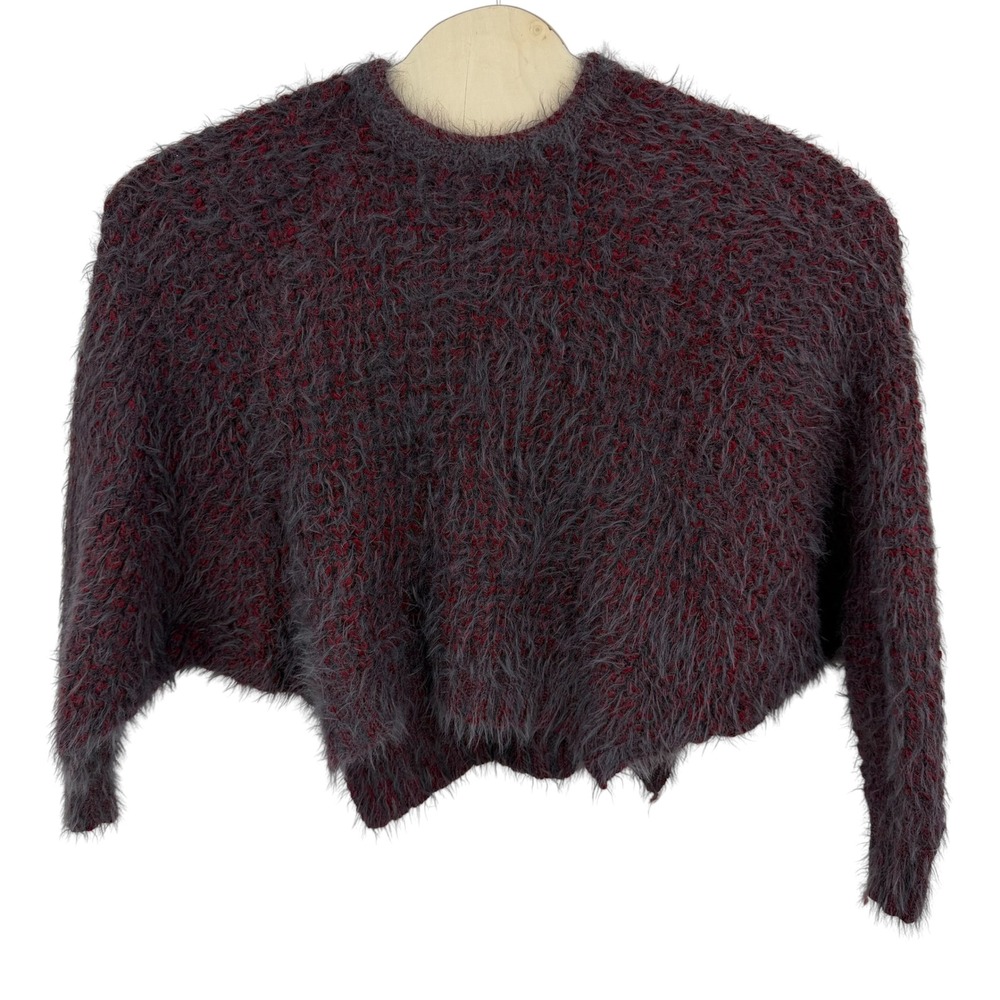 Urban Outfitters Sweater Women XS Gray Red Eyelash Knit Cropped Fuzzy Pullover